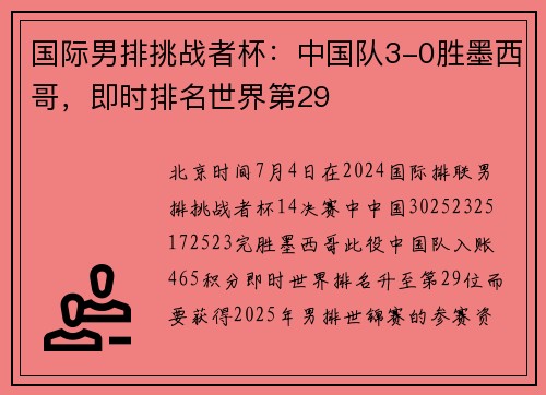 国际男排挑战者杯：中国队3-0胜墨西哥，即时排名世界第29