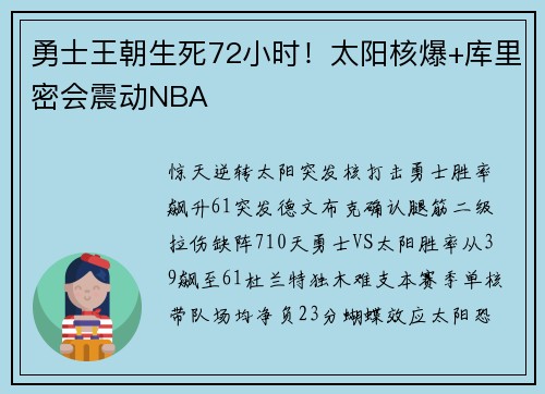 勇士王朝生死72小时！太阳核爆+库里密会震动NBA