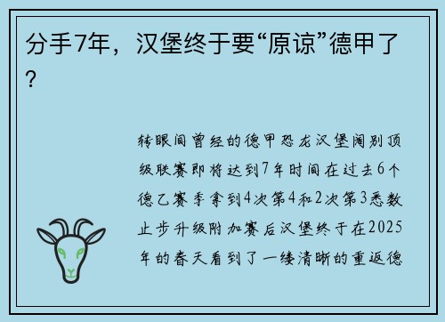分手7年，汉堡终于要“原谅”德甲了？